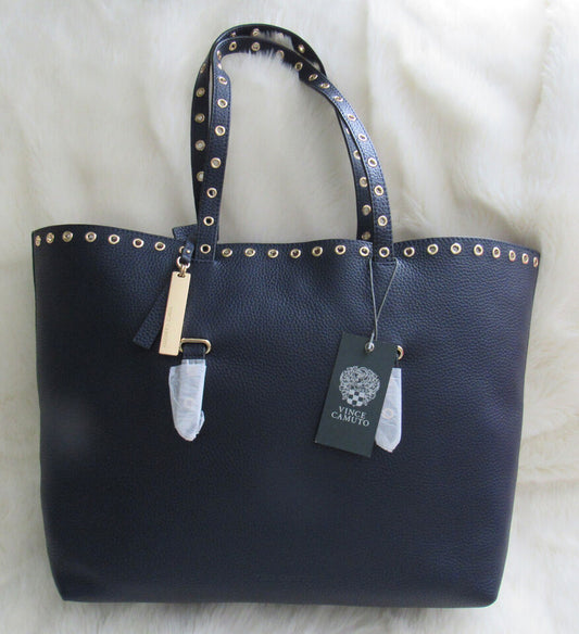 VINCE CAMUTO Areli Gold Tone Stud Trim Leather Dark Blue Tote Bag