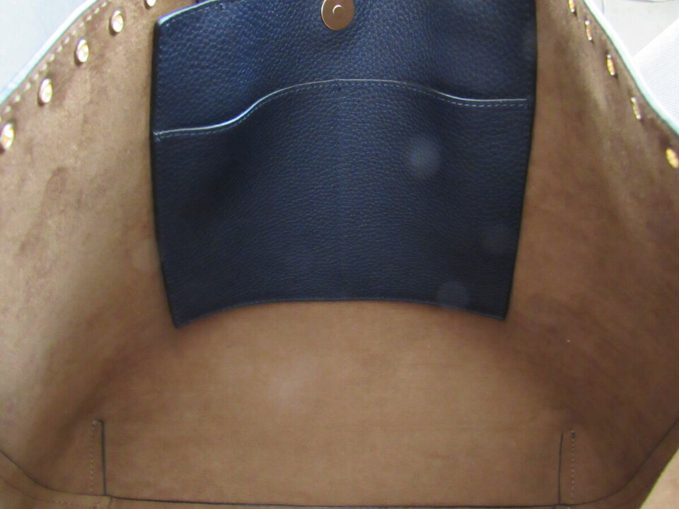 VINCE CAMUTO Areli Gold Tone Stud Trim Leather Dark Blue Tote Bag