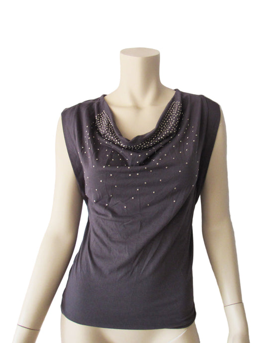 GUESS Draped Boat Neck Studs Sleeveless Dark Grey Blue Top Blouse