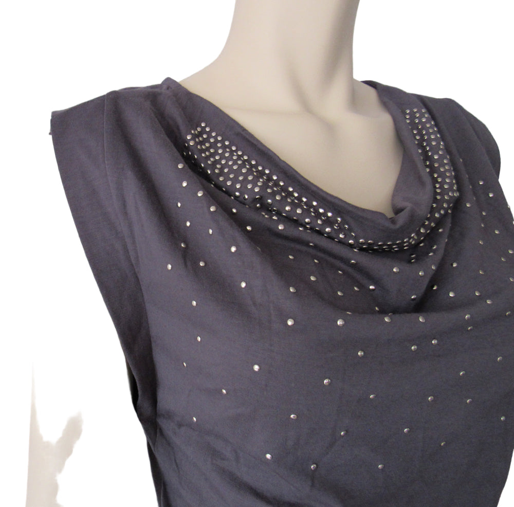 GUESS Draped Boat Neck Studs Sleeveless Dark Grey Blue Top Blouse