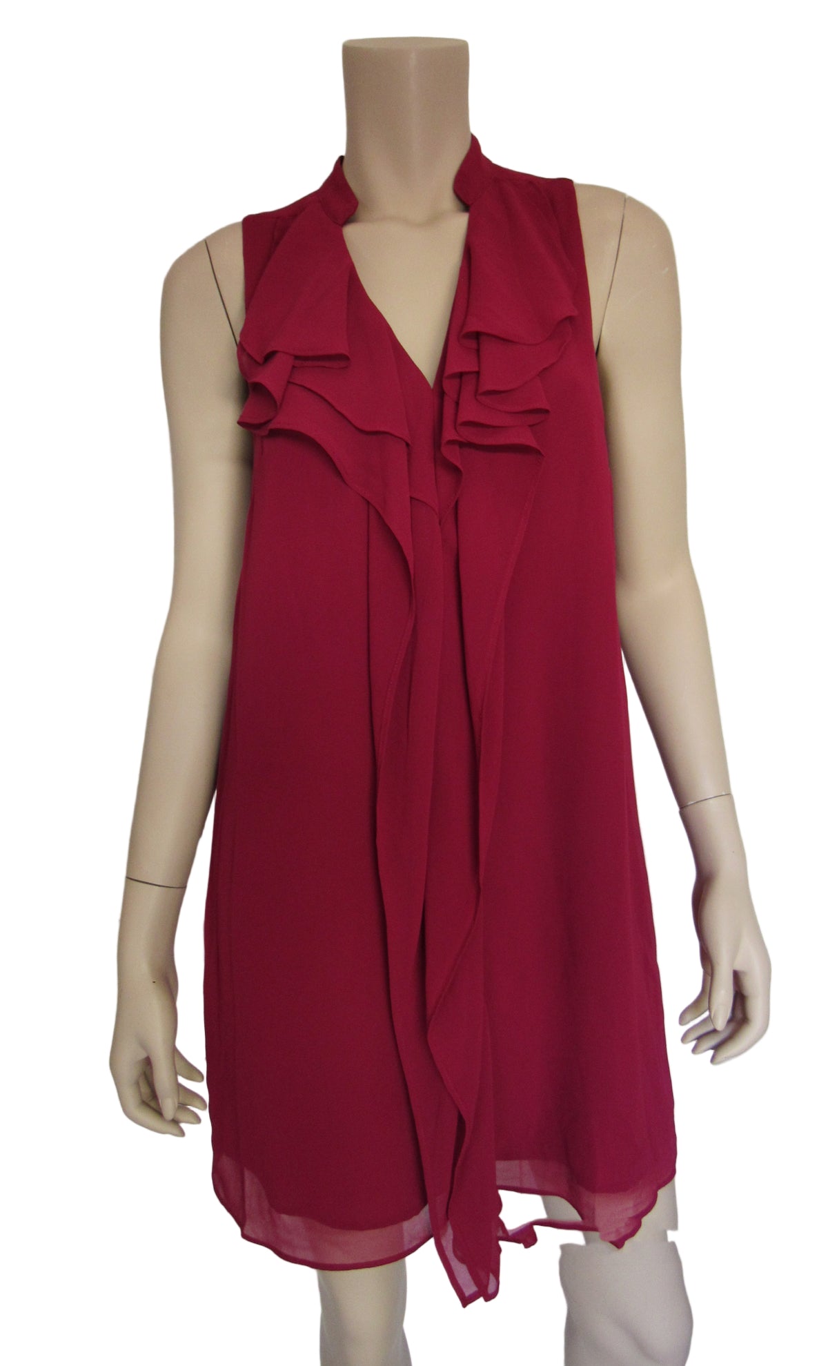 BCBGeneration Ruffle High V Neck A-Line Garnet Party Cocktail Dress