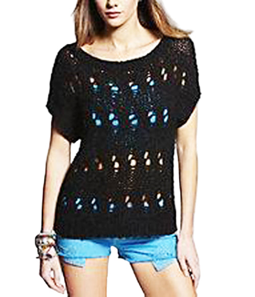 EXPRESS Pointelle Pitch Boat Neck Solid Black Sweater Size S