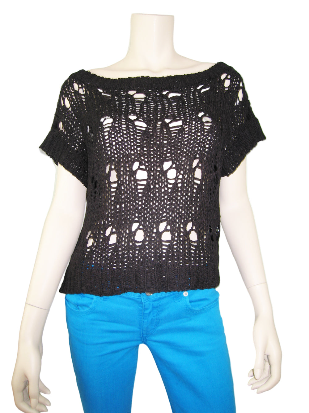 EXPRESS Pointelle Pitch Boat Neck Solid Black Sweater Size S