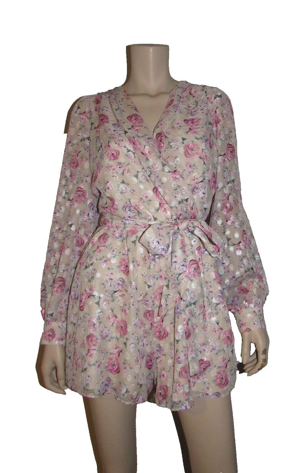 EXPRESS Floral V Neck Long Sleeve Tie-Belt Romper Party Dress