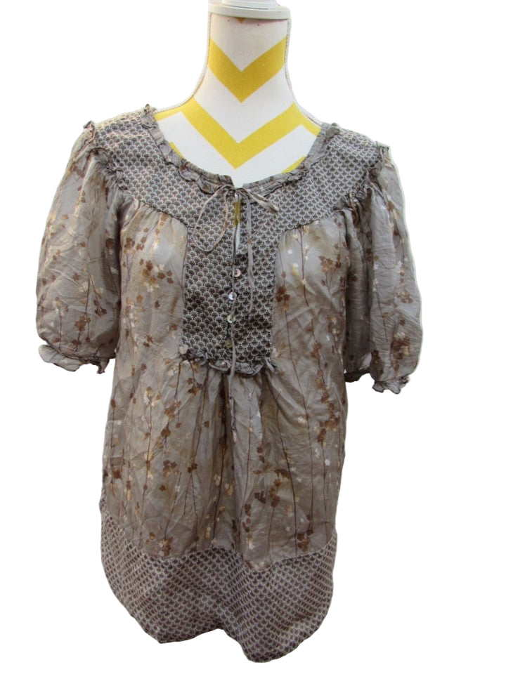 BCBGMAXZARIA Floral Puff Sleeve Ruffle Neckline Top Blouse