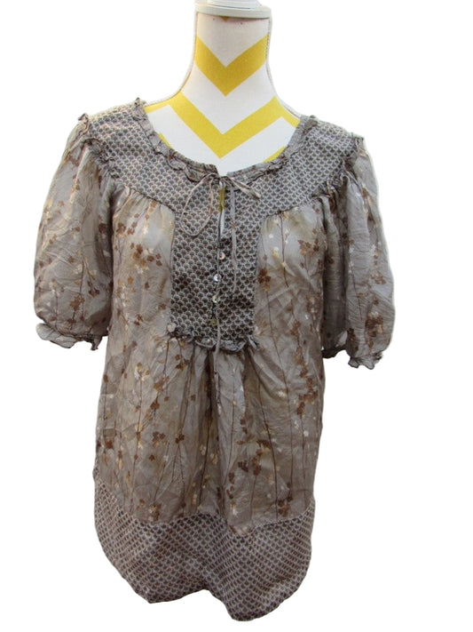 BCBGMAXZARIA Floral Puff Sleeve Ruffle Neckline Top Blouse