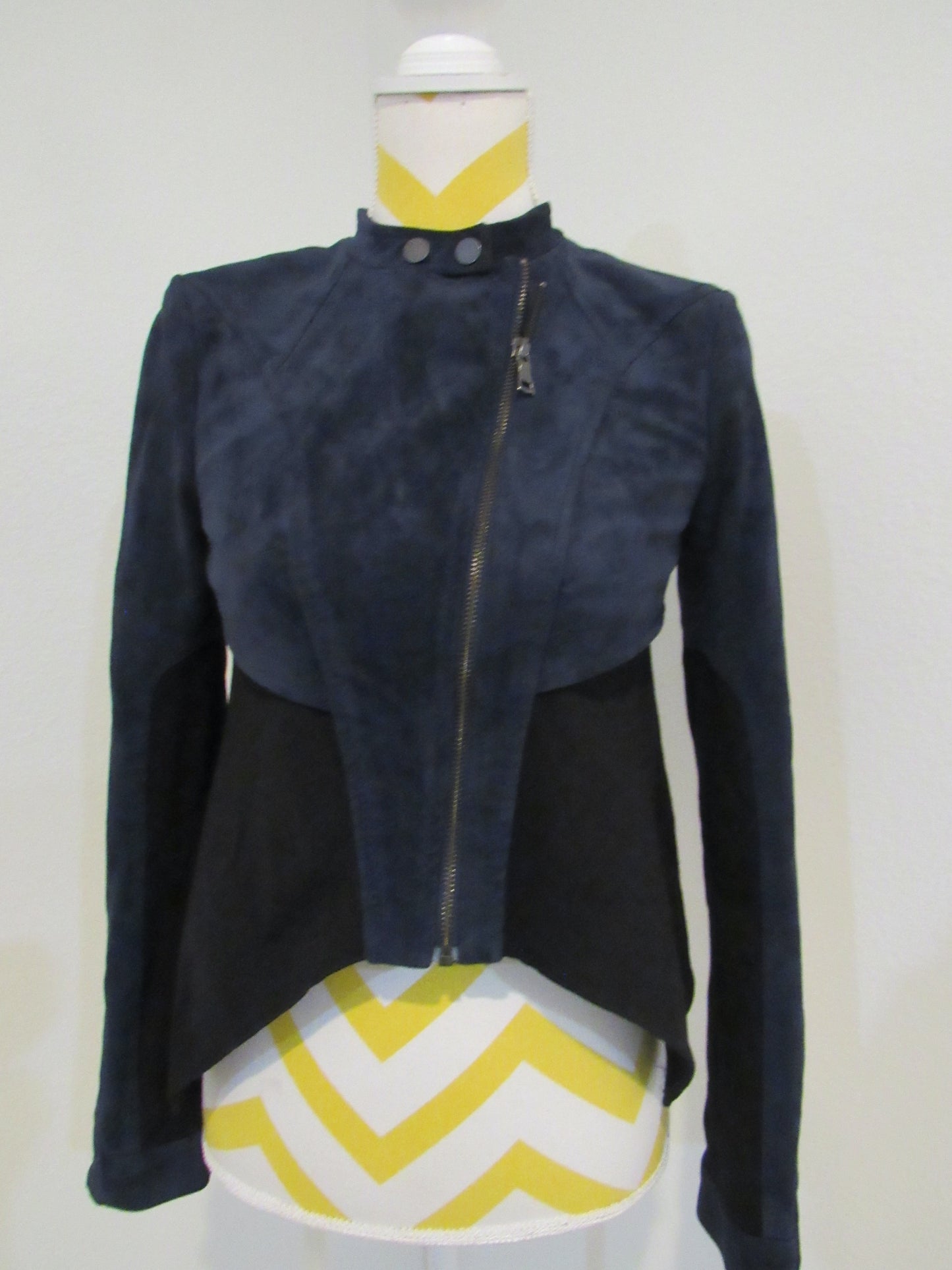 BCBGMAXAZRIA Suede Button Crew Neck Zip Cropped Jacket