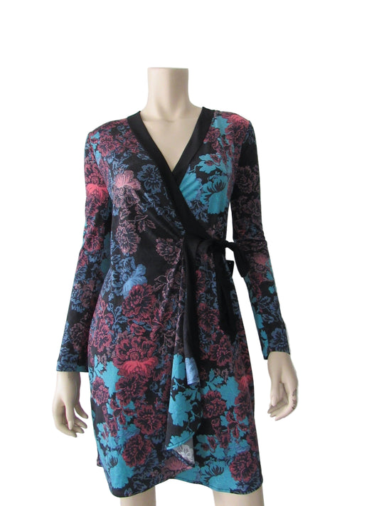 BCBGMAXAZRIA V Neck Long Sleeve Floral Wrap Party Dress
