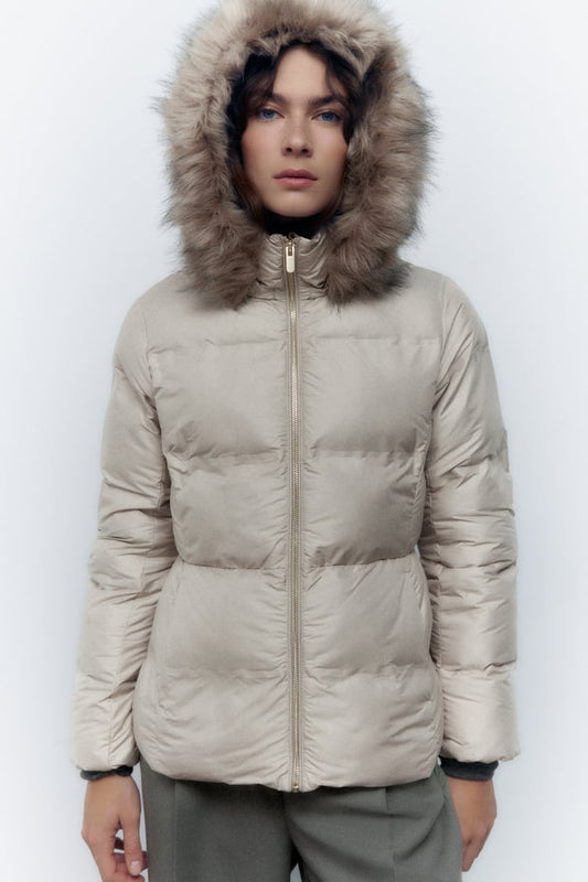 ZARA Puffy Removable Furry Hooded Zip Closure Women's Jacket