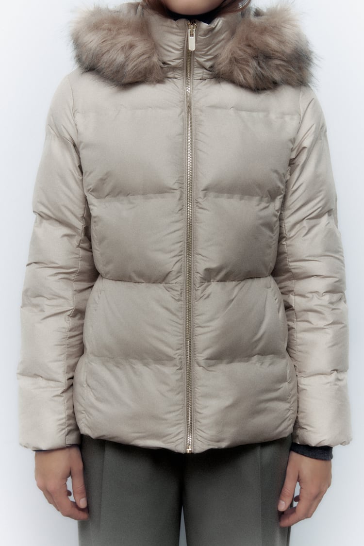 ZARA Puffy Removable Furry Hooded Zip Closure Women's Jacket