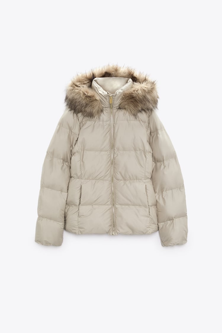 ZARA Puffy Removable Furry Hooded Zip Closure Women's Jacket