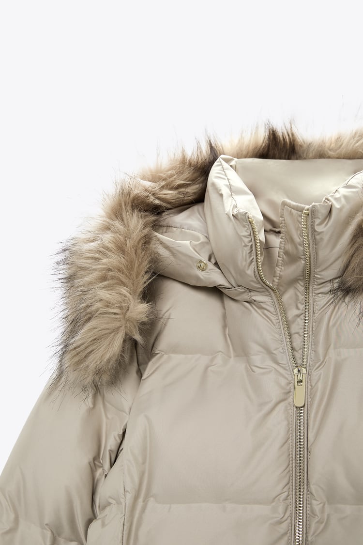 ZARA Puffy Removable Furry Hooded Zip Closure Women's Jacket