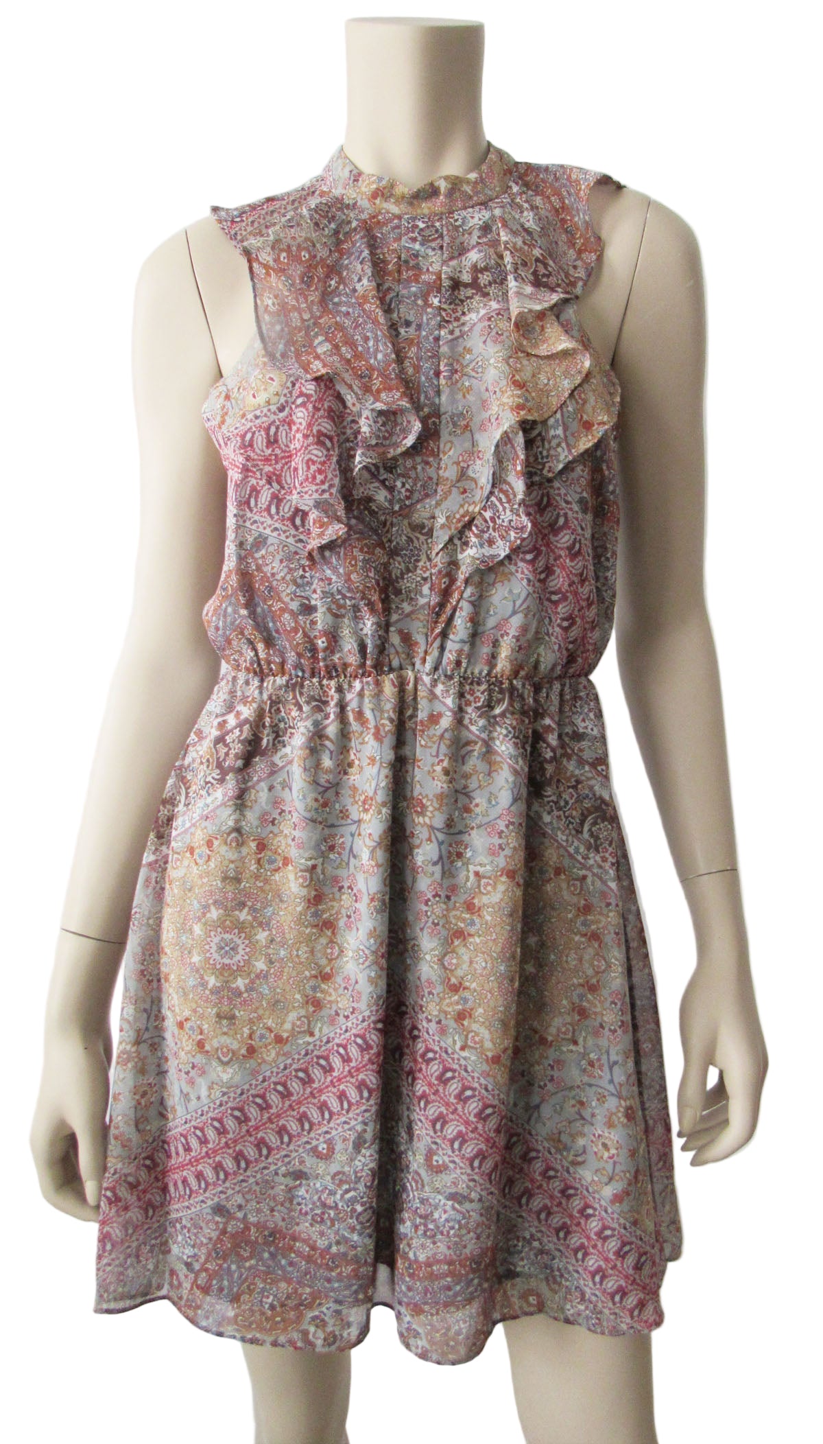 BCBGeneration Beige Multi Ruffle High Neck Night Out Dress Size S BazaarLoves BCBGeneration Beige Multi Ruffle High Neck Night Out Dress Size S BazaarLoves