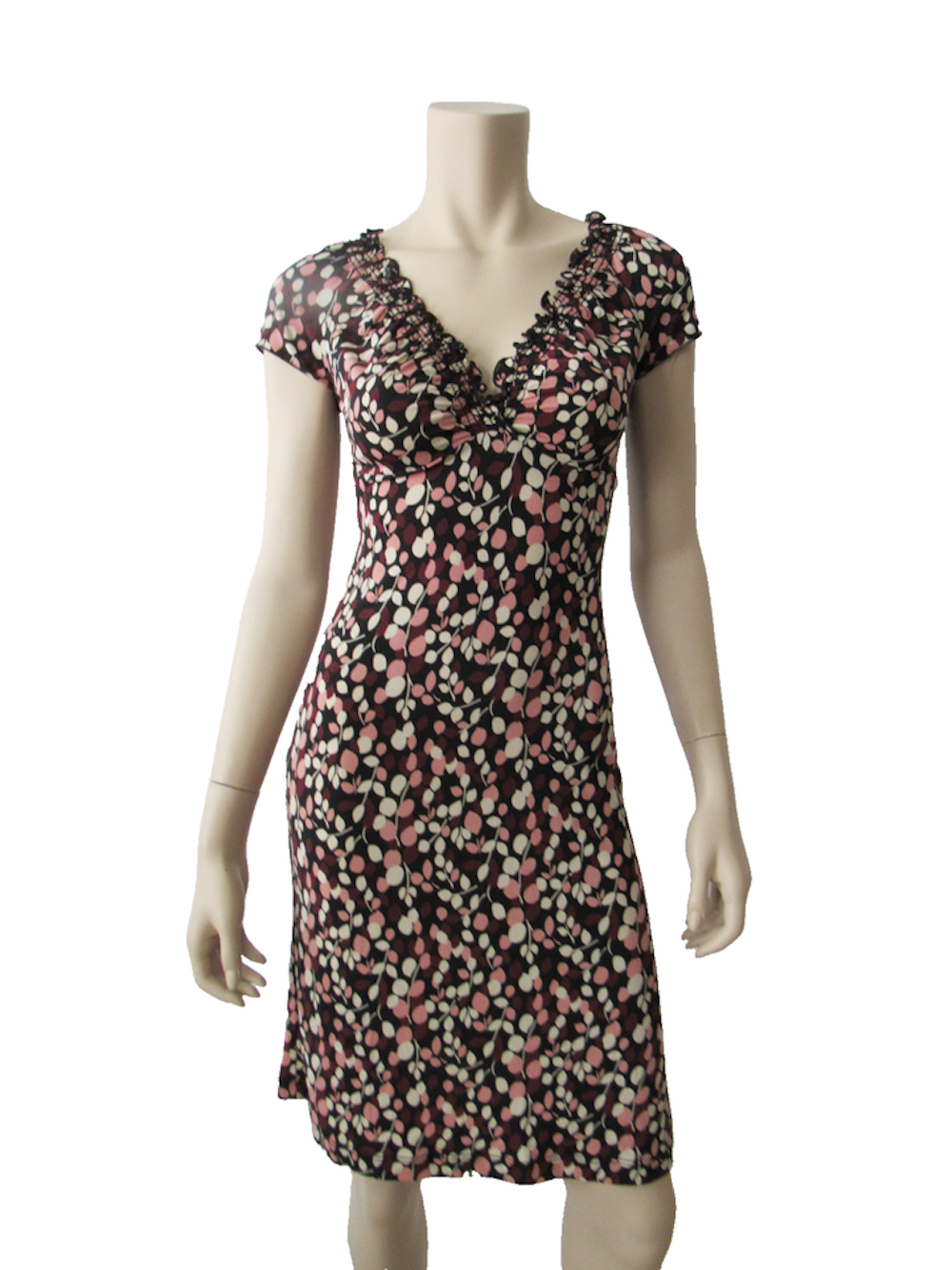 BCBGMAXAZRIA Ruffle V Neck Autumn Bloom Cap Sleeve Knee Length Dress
